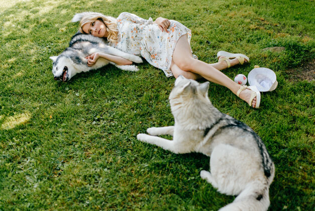 衣服一个年轻浪漫的女人和狗躺在草地上人优雅女性
