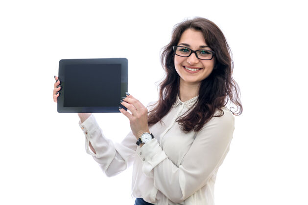互联网女性手显示平板电脑与空屏幕特写空白计算机模切