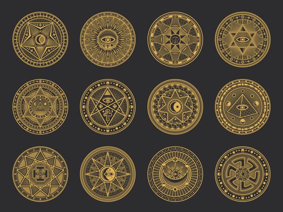 巫术魔法符号与炼金术和神秘科学 深奥的宗教和占星术神秘圆五角星