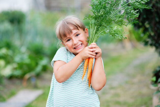 花园小女孩在厨房里摘胡萝卜花园.秋天蔬菜收获送货收集零