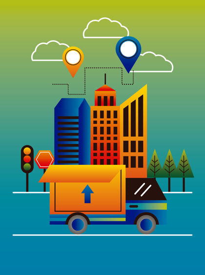 抽象送货服务别针位置在建筑物和卡车矢量插图设计服务城市汽车