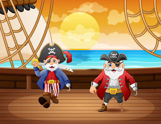 船卡通海盗船与两名船长在海上海盗海洋冒险