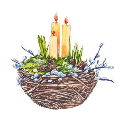 绘画复活节蜡烛和柳树的水彩鸟巢分支手动在白色上画水彩插图背景.复活节收藏符号印刷物体