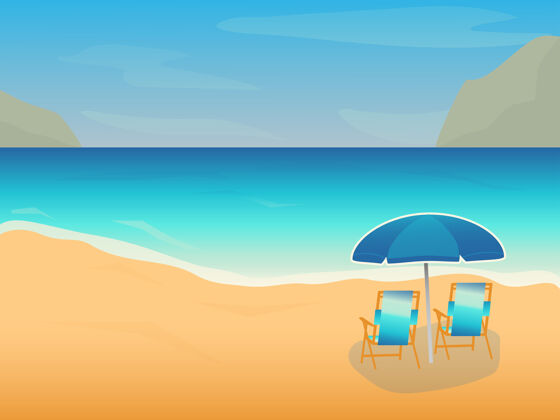 放松带伞和椅子的夏日海滩背景热带岛屿天堂