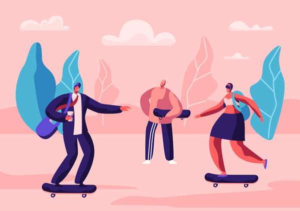 杂技年轻的滑板运动员活跃的男孩和女孩的运动极限 夏季休闲时间活动.卡通平面插图替代运动放松