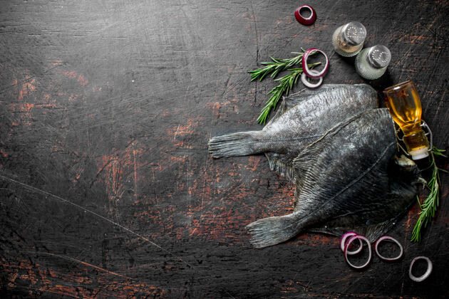 饮食生鱼片配迷迭香 香料和洋葱圈放在深色的乡村餐桌上食物生的蛋白质
