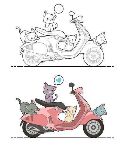 动物可爱的猫爱摩托车卡通儿童彩页猫滑板车着色页