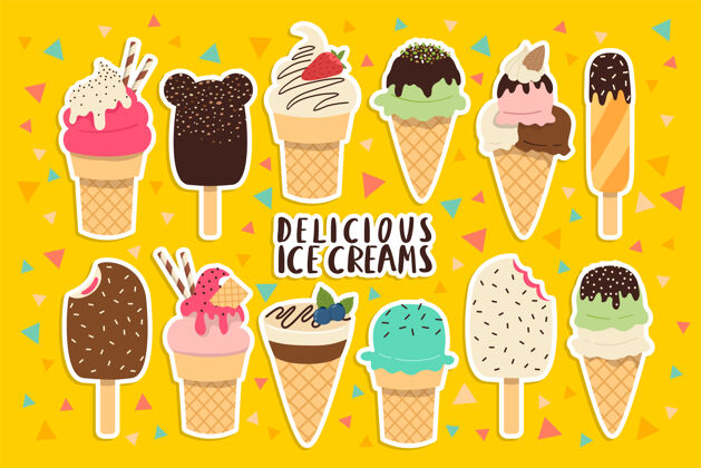 收藏贴纸集与黄色背景上不同颜色的冰淇淋模板冰淇淋贴纸生日卡模板设计夏日