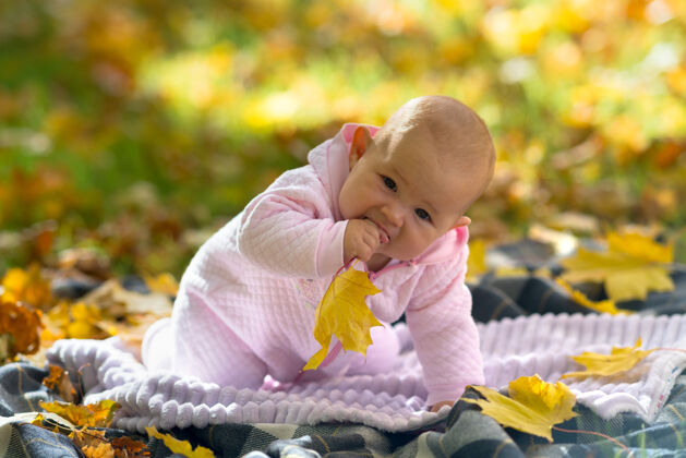 草地公园里 一个穿着粉红色衣服的婴儿在黄色秋叶间的野餐地毯上玩耍童年天真帽子