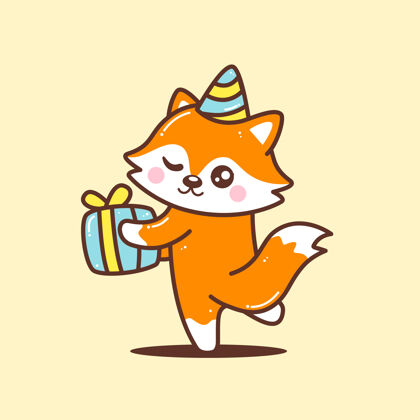 礼物可爱的狐狸与生日礼物隔离在黄色帽子卡通出生