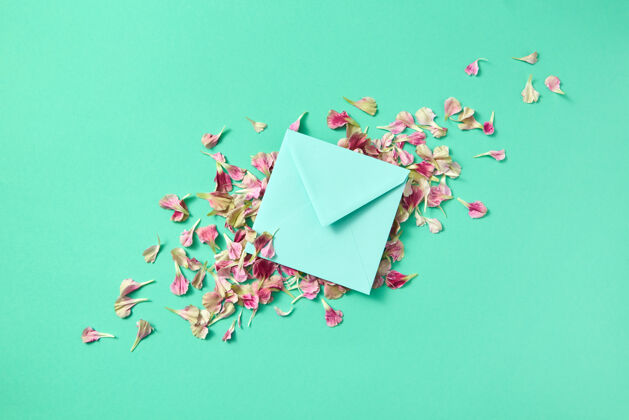 祝贺手工制作的信封上有花瓣 背景为浅绿松石色 可放置文本.平面祝贺你卡信息颜色信封