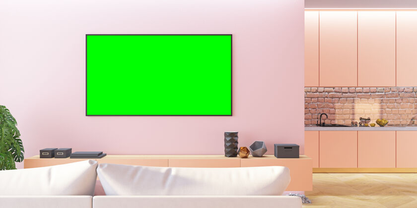 生活带沙发 厨房 控制台的粉色客厅电视3d渲染插图智能斯堪的纳维亚室内