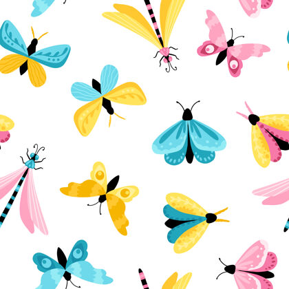 飞蛾蝴蝶无缝图案.彩色手绘蝴蝶和蜻蜓在简单幼稚的卡通风格蜻蜓无缝卡通