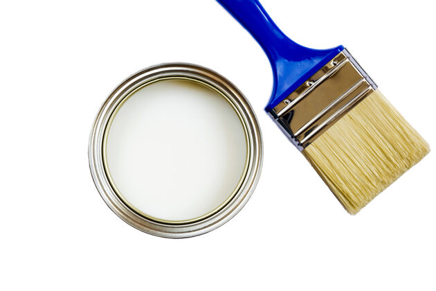 油漆白色背景上的画笔和罐子的顶视图油漆刷油漆罐锡