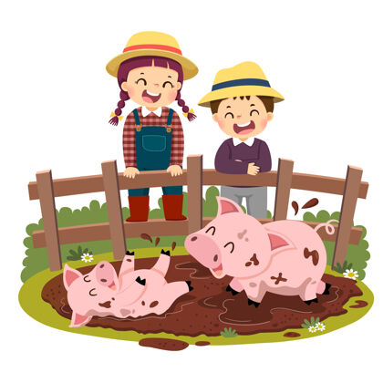 水坑快乐的孩子们看着猪和小猪在泥坑里玩耍的卡通农场孩子卡通