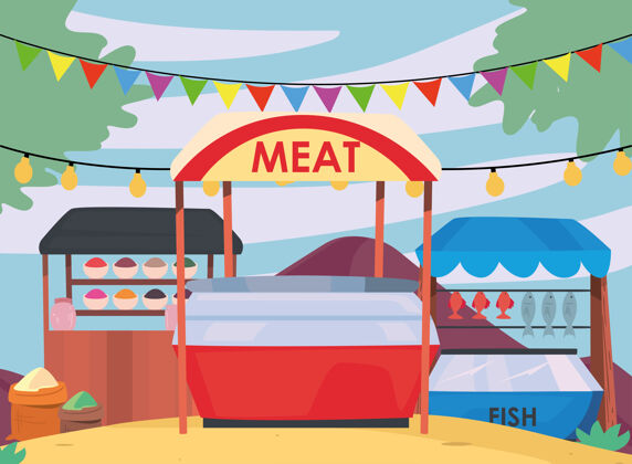 鱼肉类调味品和鱼市插图商业插图背景