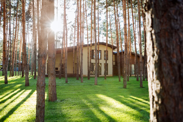 房地产漂亮的建筑森林里一栋漂亮房子的特写镜头休息度假屋住宅