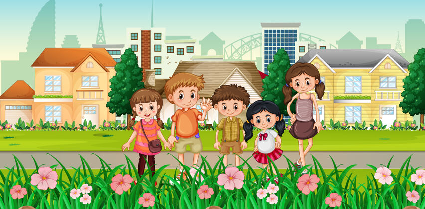 伴侣许多孩子和城市站在一起环境房子风景
