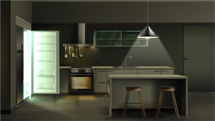 现实现代逼真的厨房室内 晚上有带灯的开放式冰箱 带灯的厨具 带灯的烤箱 橱柜和架子厨房餐具炉子