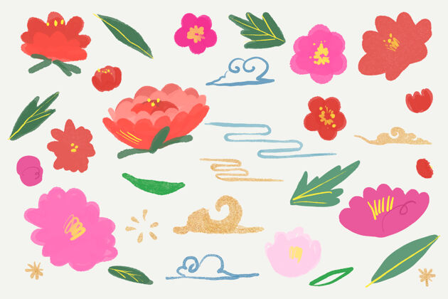 节日东方粉红花植物插画手绘庆典叶