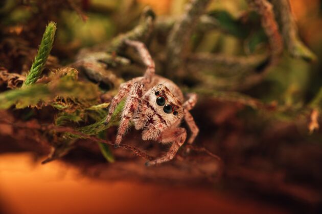 荒野苔藓上跳蜘蛛的特写镜头昆虫动物环境
