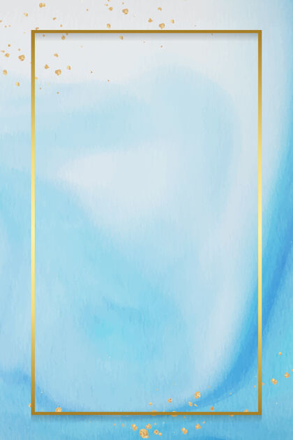 染料抽象蓝色水彩上的矩形金框背景框架闪光流体艺术