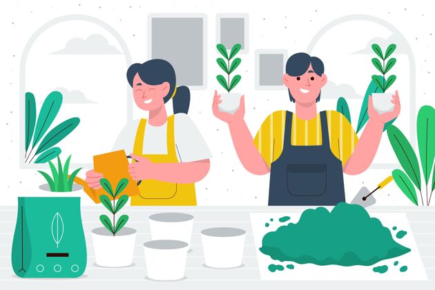 蔬菜人们照顾植物的插图个人手绘人