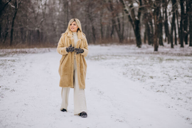 寒冷穿着冬衣的美女在满是雪的公园里散步女孩旅程自然