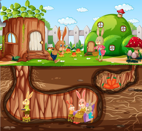 想象地下兔子洞与地面花园的场景卡通年轻幻想