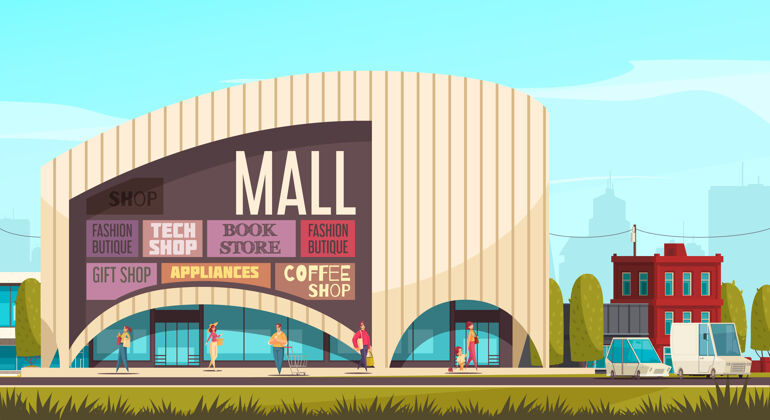 标签购物中心外的组成购物中心大楼与标签和标题的商店在墙上标题组成建筑