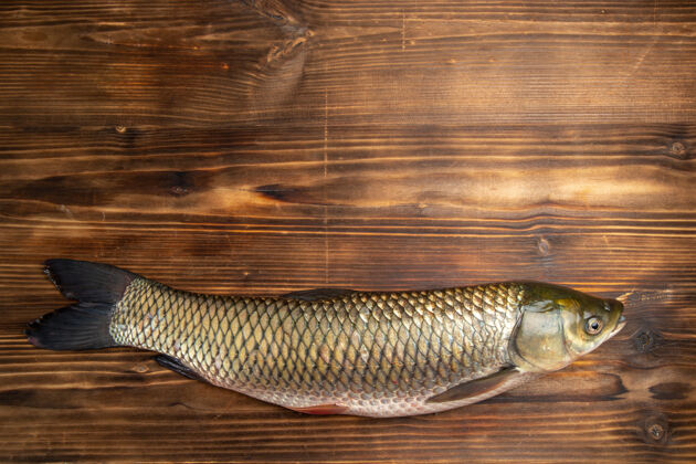 肉顶视图新鲜的鱼生产品在木桌上鱼海肉海洋食品产品鳍海