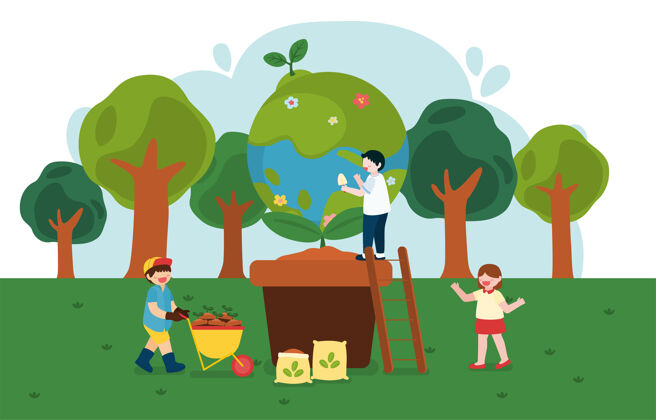 肮脏儿童帮助植树在快乐地球日卡通人物环境卡通垃圾箱