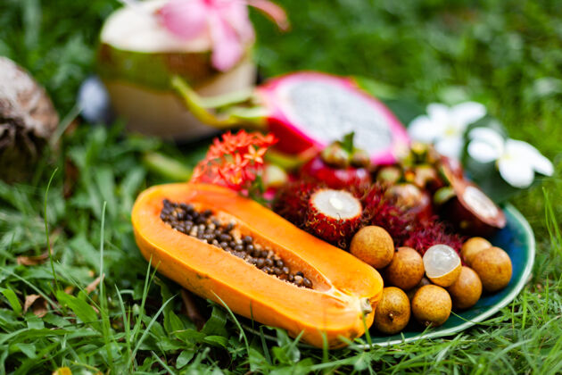 椰子亚洲地区的热带水果在草地上水果排毒健康