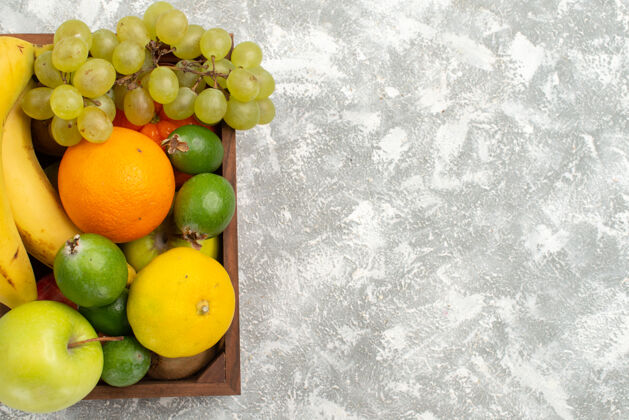 可食用的水果顶视图新鲜水果成分香蕉 葡萄 白底飞珠 水果香醇 维生素健康 新鲜柑橘醇厚的水果