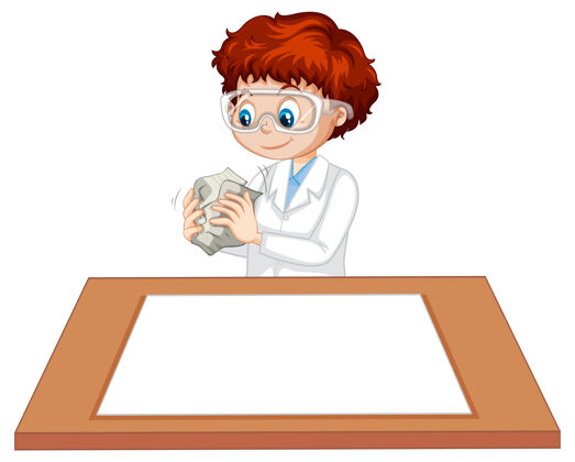 医生一个男孩穿着科学家的长袍 桌子上放着一张空纸可爱人习惯