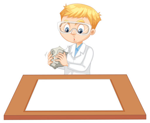 可爱一个男孩穿着科学家的长袍 桌子上放着一张空纸家具化学幼儿园