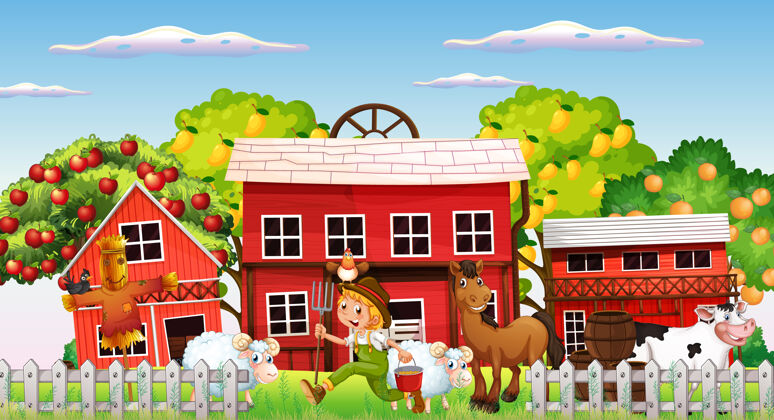 可爱农家男孩和农场动物的农场场景女性花园仓库