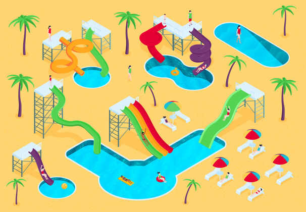 游戏等距水上公园组成的户外海滩与棕榈设备色彩滑梯