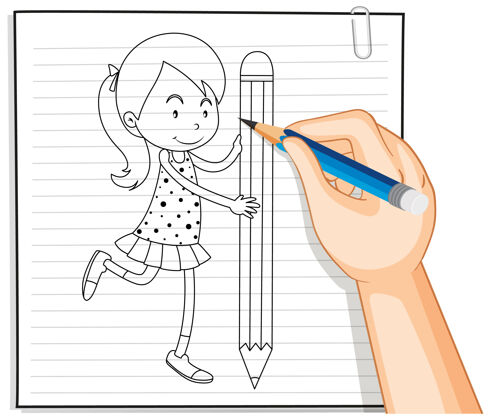 小学生手拿铅笔勾勒女孩的手迹小涂鸦女人