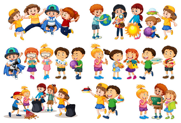 人物一组不同的孩子玩他们的玩具卡通人物隔离在白色背景上娱乐友谊青年