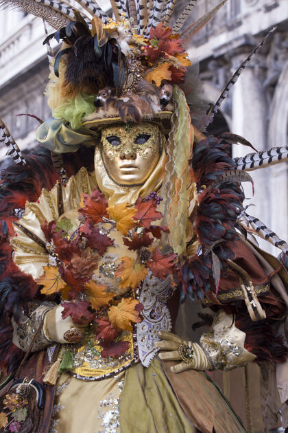 服装在举世闻名的嘉年华期间 身着美丽礼服和传统威尼斯面具的女性娱乐嘉年华意大利人