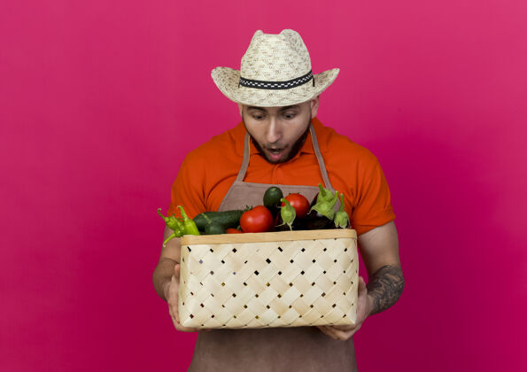 空间惊讶的男园丁戴着园艺帽 拿着菜篮看蔬菜篮子花园