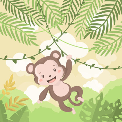 卡通在丛林的树上可爱的小猴子的插图可爱丛林野生动物