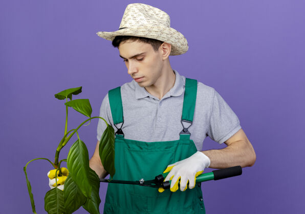 信心自信的年轻男园丁戴着园艺帽和手套 用剪刀修剪植物手套剪子穿