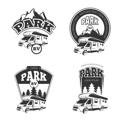 露营房车和露营车标志 标签 徽章 标志集标志白色旅程