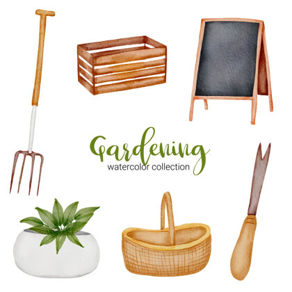 蔬菜木箱 黑板 篮子 草叉 花盆 手铲 一套以水彩画为主题的园艺用品农业园艺设备