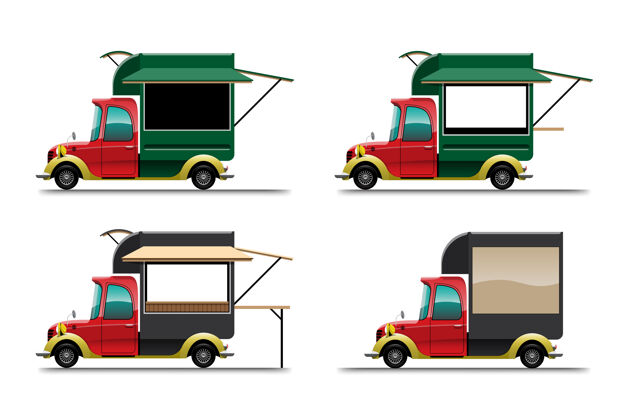 送货白色背景上有各种尺寸的食品车套装卡车汽车销售