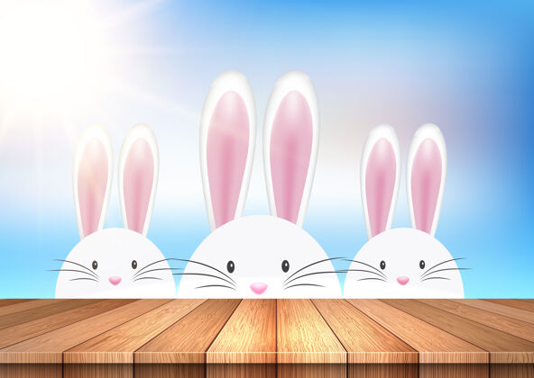 可爱复活节插图与可爱的兔子看了一张木桌鸡蛋春天卡通