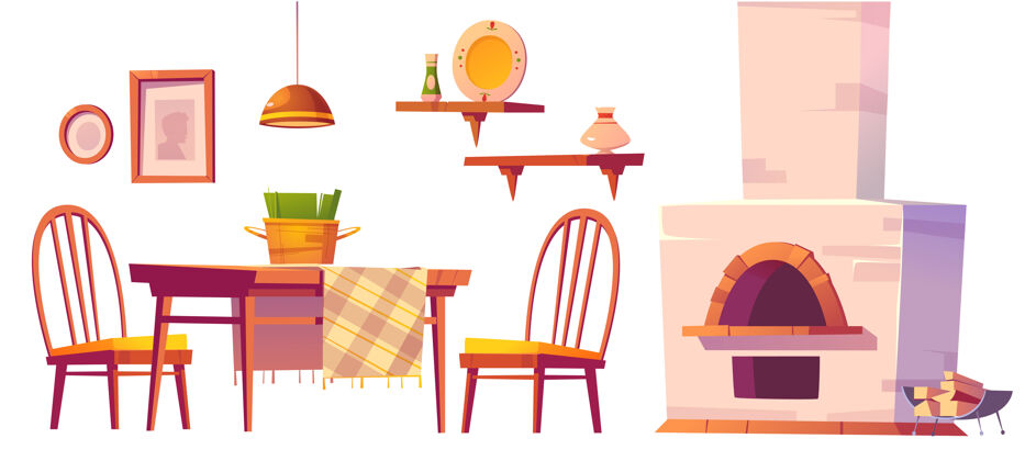 套装舒适的咖啡馆或比萨店内部配有烤箱 木制桌椅 架子和台灯烹饪比萨店椅子