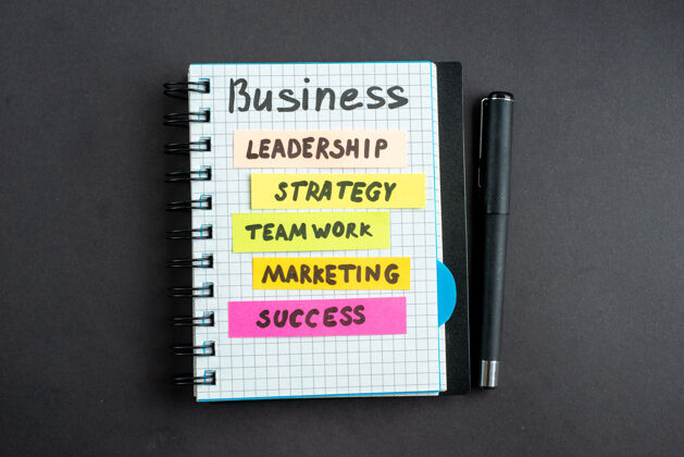市场顶视图激励商业笔记用笔在黑暗背景下商业营销工作成功工作策略团队合作办公室领导领导现金战略